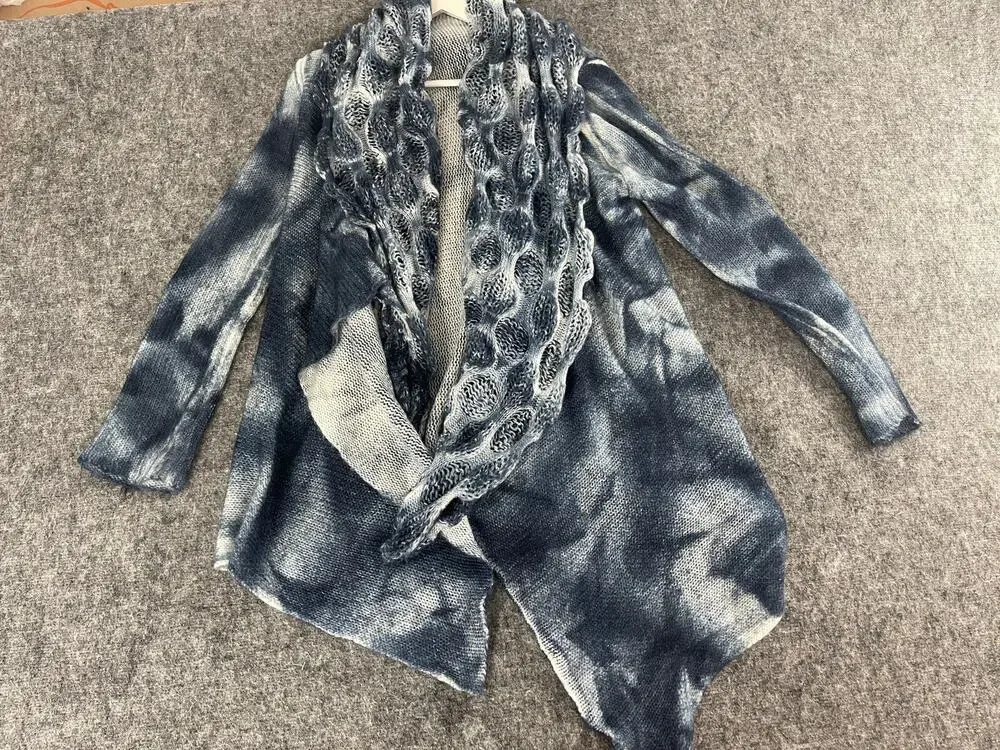 Sioni Cardigan Women Small Sweater Open Front Blue Wool Blend Tie Dye N191